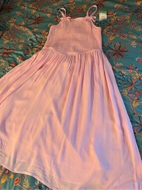 Light Pink Smocked Midi Dress with Tie Straps
